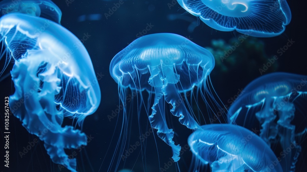 Multiple glowing blue jellyfish illuminated in dark water Multiple glowing blue jellyfish illuminated in dark water