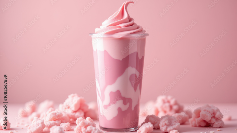 Pink matcha drink with whipped cream on top, sitting on a surface with crumbs around it. Pink matcha drink with whipped cream on top, sitting on a surface with crumbs around it.