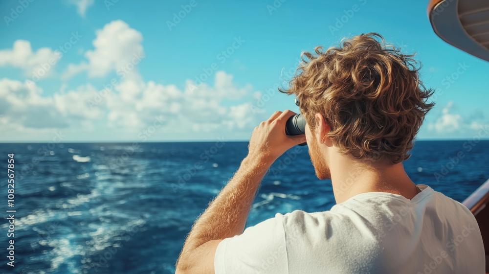 Young man observing the ocean with binoculars on a boat Young man observing the ocean with binoculars on a boat