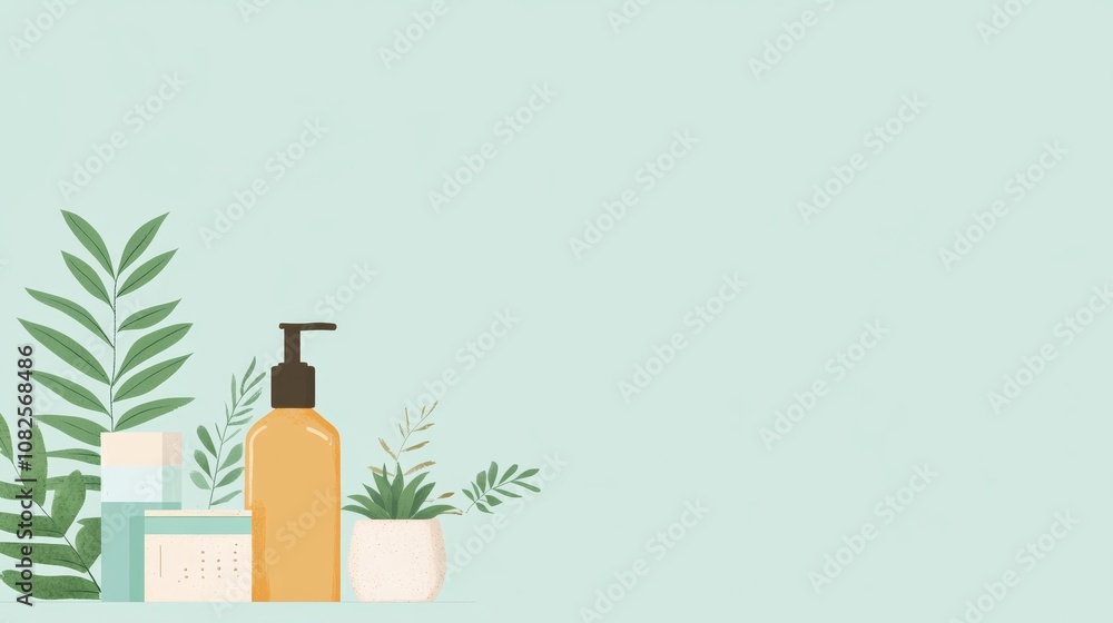 Minimalist background with plants and lotion bottle. Minimalist background with plants and lotion bottle.