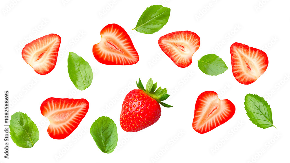 strawberry slices and green leaves floating isolated on transparent strawberry slices and green leaves floating isolated on transparent