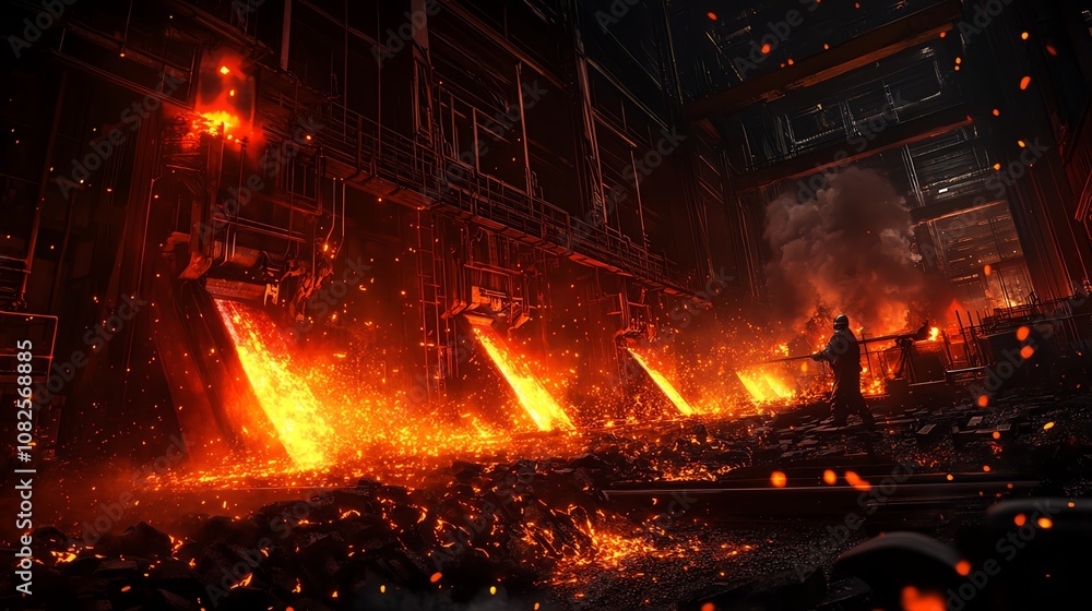 Molten metal pouring in a dark industrial foundry with fiery sparks. Molten metal pouring in a dark industrial foundry with fiery sparks.