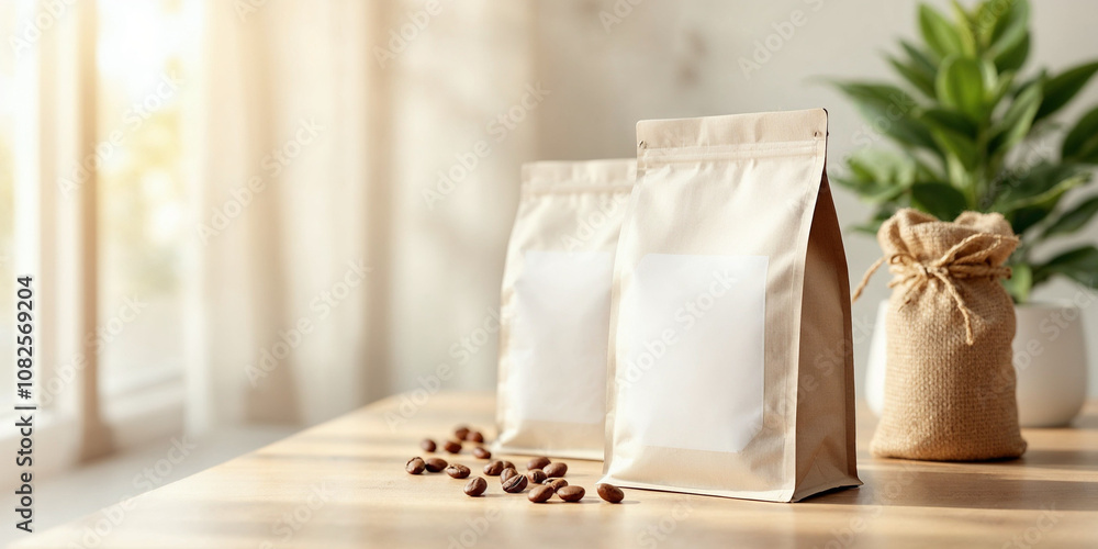 A coffee concept prepared for mockup, with white coffee packages on a light wooden table A coffee concept prepared for mockup, with white coffee packages on a light wooden table