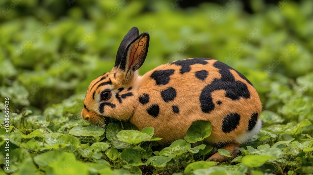 Spotted Rabbit Among Green Leaves in Nature Spotted Rabbit Among Green Leaves in Nature