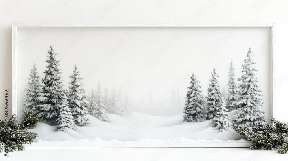 Framed white background with evergreen trees blanketed in snow, creating a peaceful wintery scene Framed white background with evergreen trees blanketed in snow, creating a peaceful wintery scene