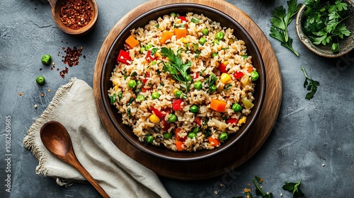 Here's a possible and keyword list for your stock photo.. Delicious vegetable rice bowl.