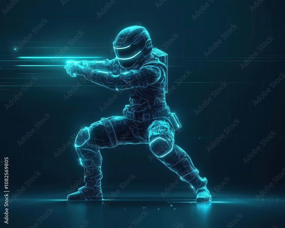 Cyber warrior in power stance, vibrant neon glow, virtual arena, 3D illustration Cyber warrior in power stance, vibrant neon glow, virtual arena, 3D illustration