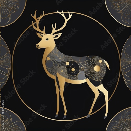 Golden deer in black gray background. golden decorative lines and dots circles.  photo