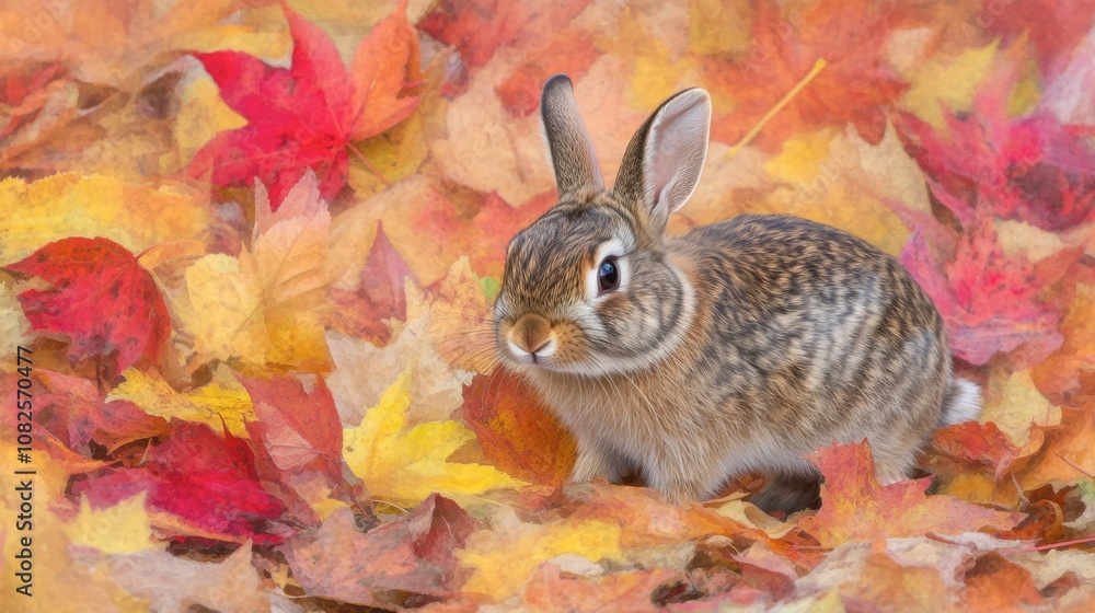 Rabbit Among Colorful Autumn Leaves in Nature Scene Rabbit Among Colorful Autumn Leaves in Nature Scene