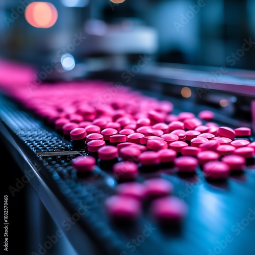 Pink tablet pills on a conveyor belt in a pharmaceutical factory.