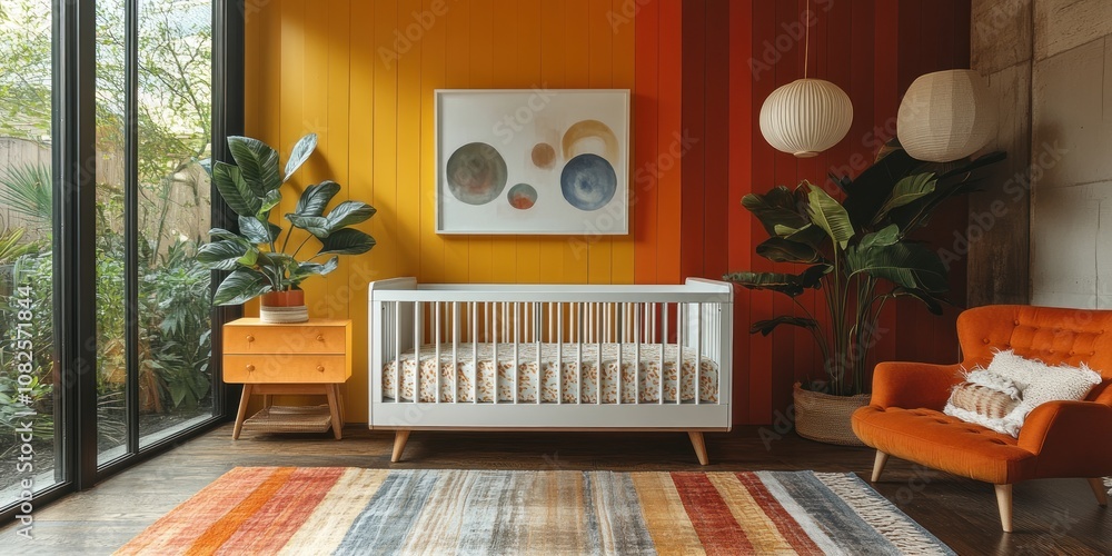 Fototapeta premium A modern nursery with a white crib, orange armchair, and a yellow and orange wall.