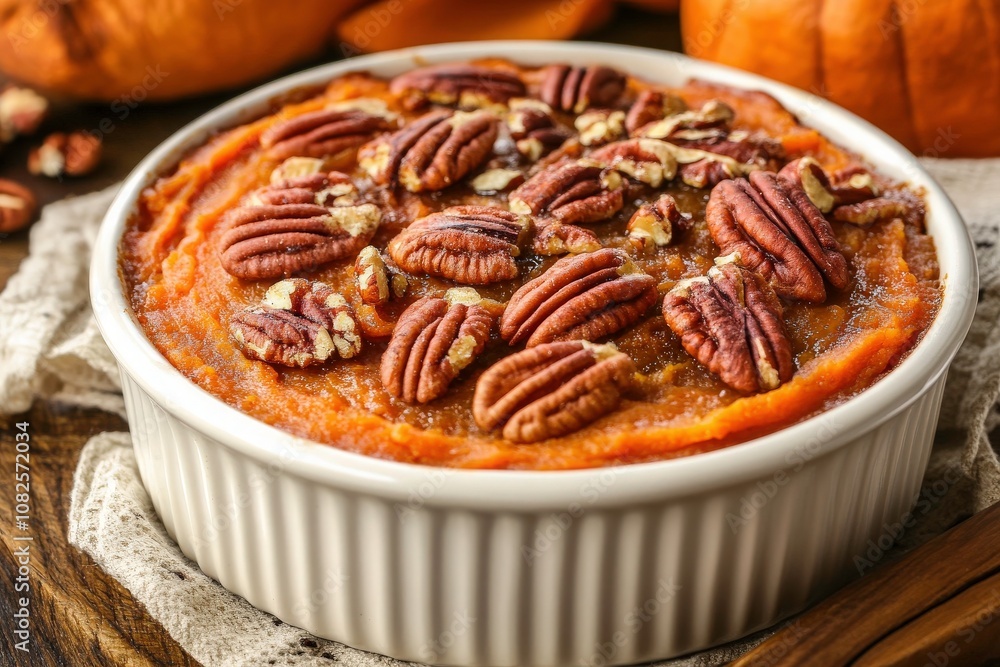 Warm Sweet Potato Casserole with Pecans fresh from the Oven Warm Sweet Potato Casserole with Pecans fresh from the Oven