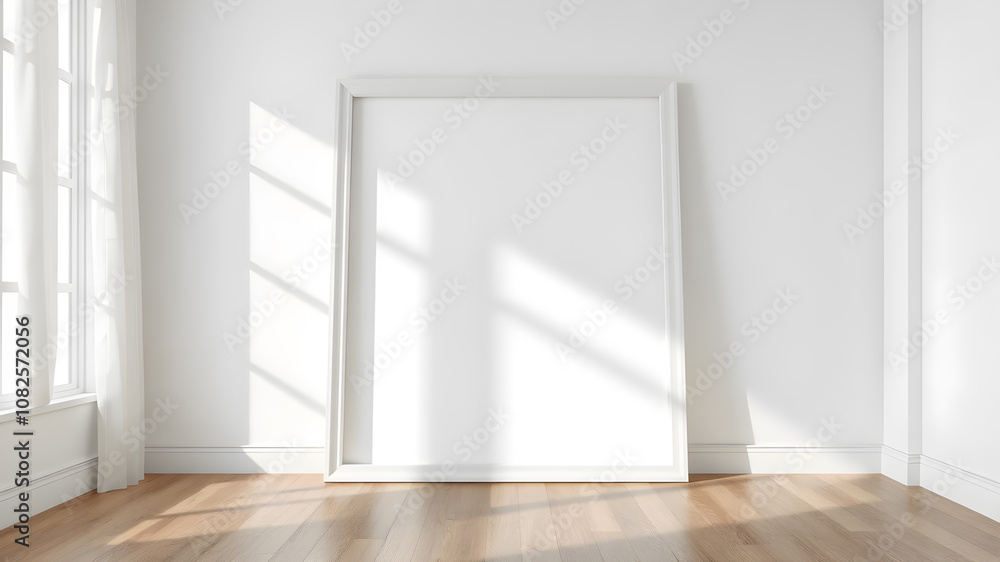 Fototapeta premium Mock up white frame on the wood floor. White colors.with nature light.