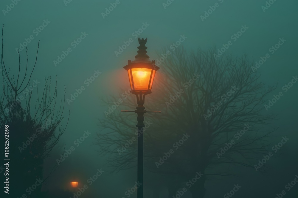 Old fashioned street lamp is illuminating a foggy park at night Old fashioned street lamp is illuminating a foggy park at night