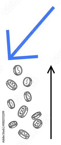 Coins scatter beneath a downward blue arrow meeting an upward black arrow. Ideal for themes of finance, growth, investment, direction, currency, progress, success. Line metaphor