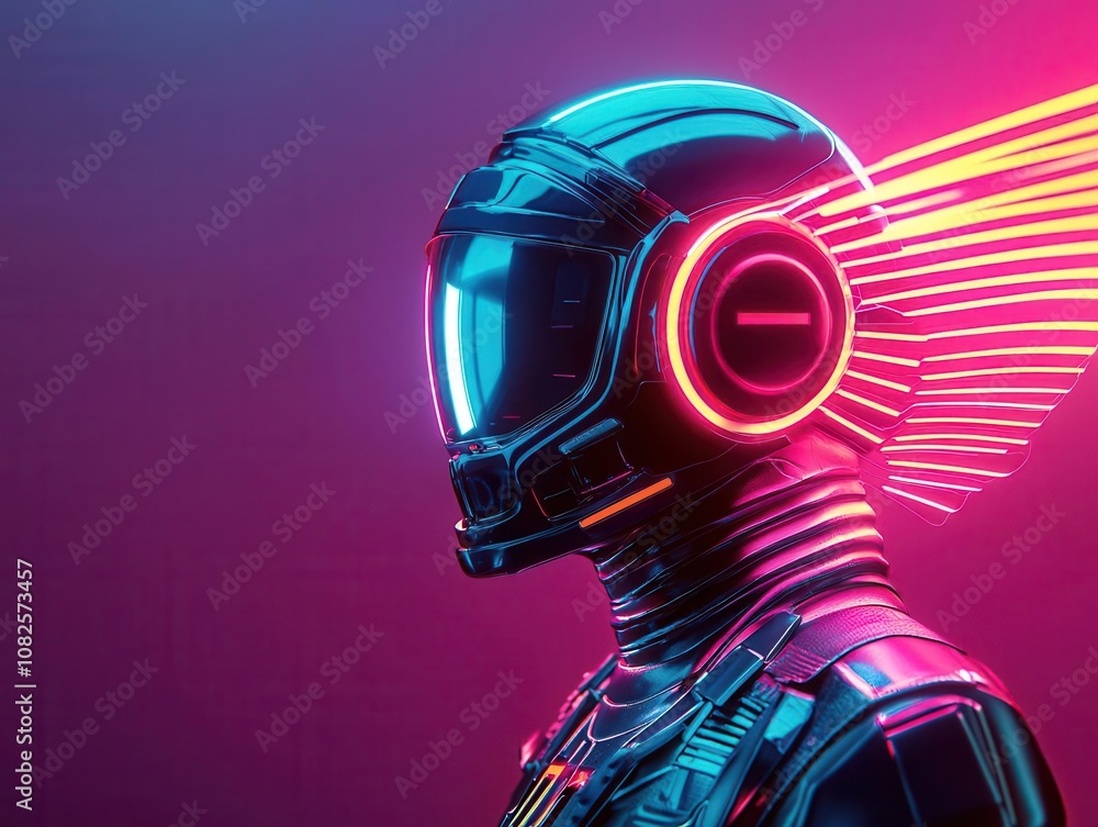 Cyber hero with sleek armor and neon wings, standing strong in tech city, 3D illustration Cyber hero with sleek armor and neon wings, standing strong in tech city, 3D illustration