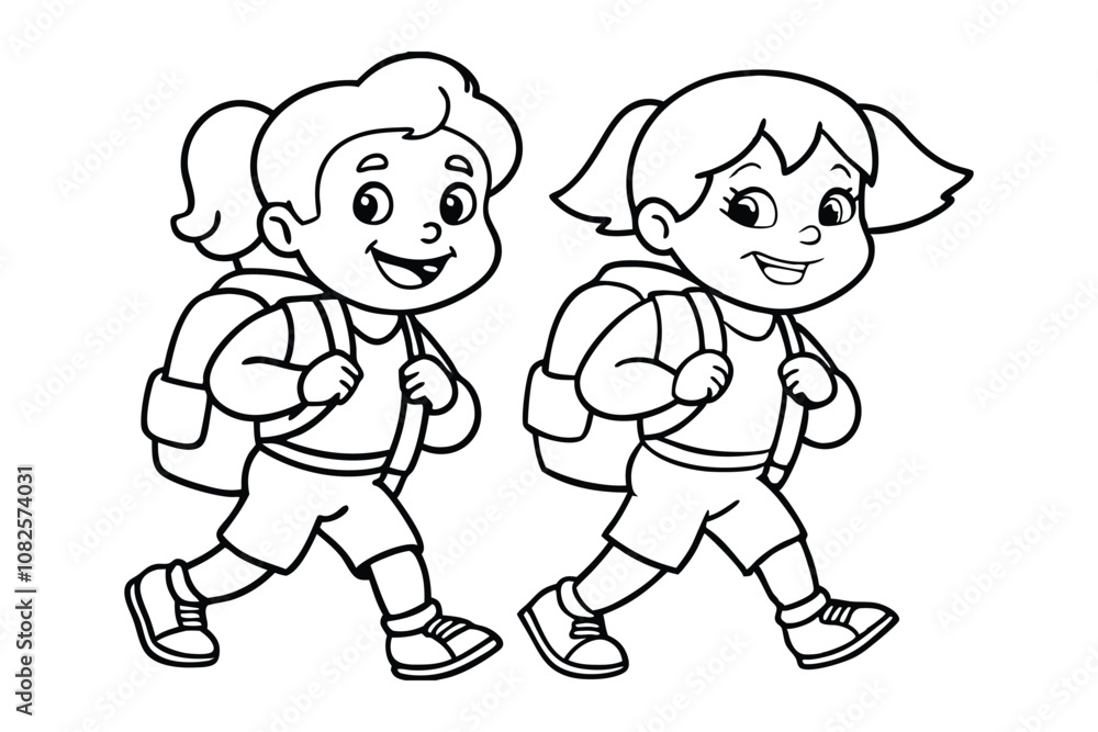 Children Walking Silhouette Vector - Minimalist Black & White Kids Duo Outline, Friendship & Childhood Design Children Walking Silhouette Vector - Minimalist Black & White Kids Duo Outline, Friendship & Childhood Design