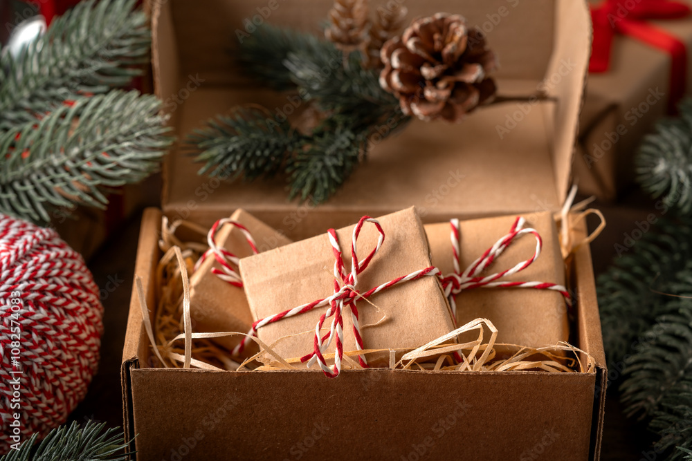 Christmas or New Year's gifts in craft packaging in a gift box on a festive table close-up