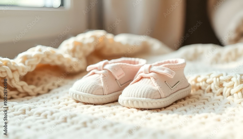 Adorable baby shoes with bows resting on a knitted blanket, creating a cozy and charming atmosphere for new parents Adorable baby shoes with bows resting on a knitted blanket, creating a cozy and charming atmosphere for new parents