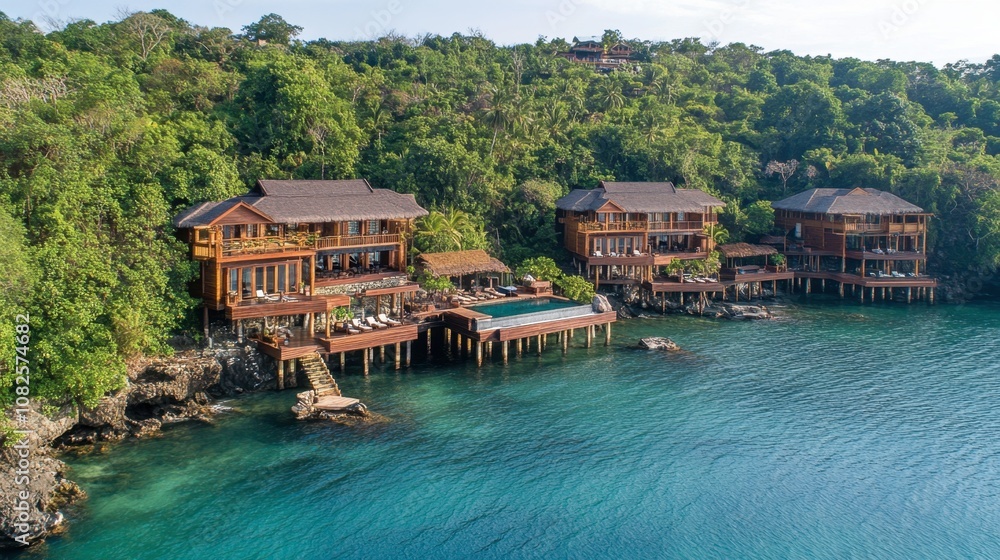 Naklejka premium Serene Coastal Homes Amid Lush Greenery