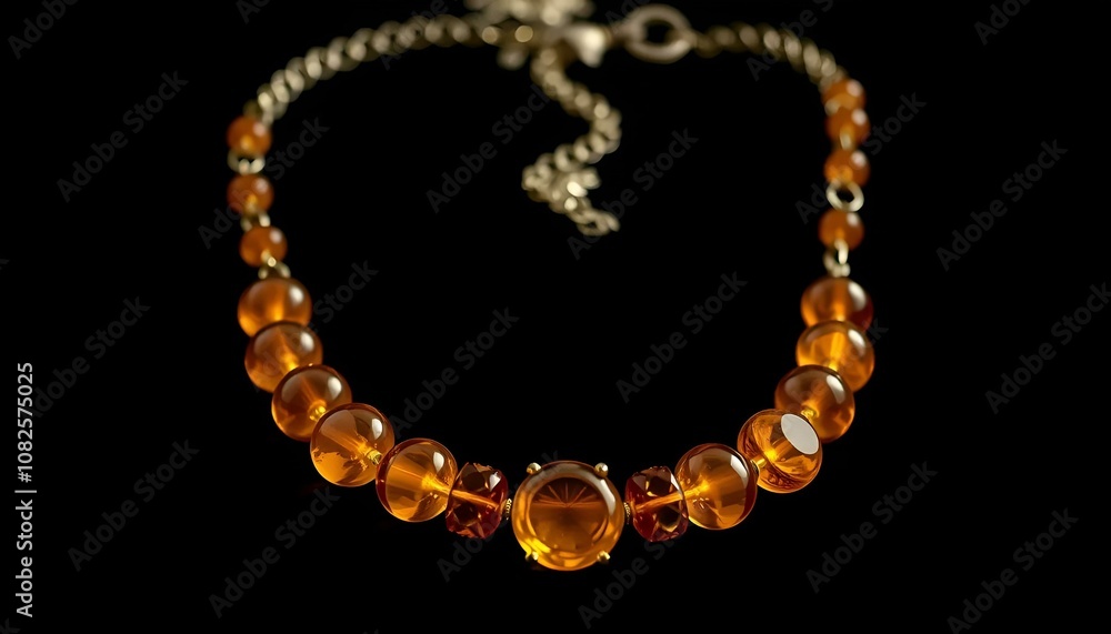 Obraz premium Stunning amber necklace with sparkling beads and decorative chain on black background, elegant design