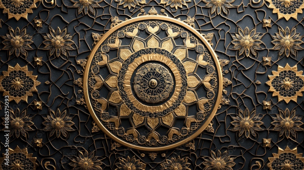 Obraz premium A circular, golden mandala with intricate details on a black background.