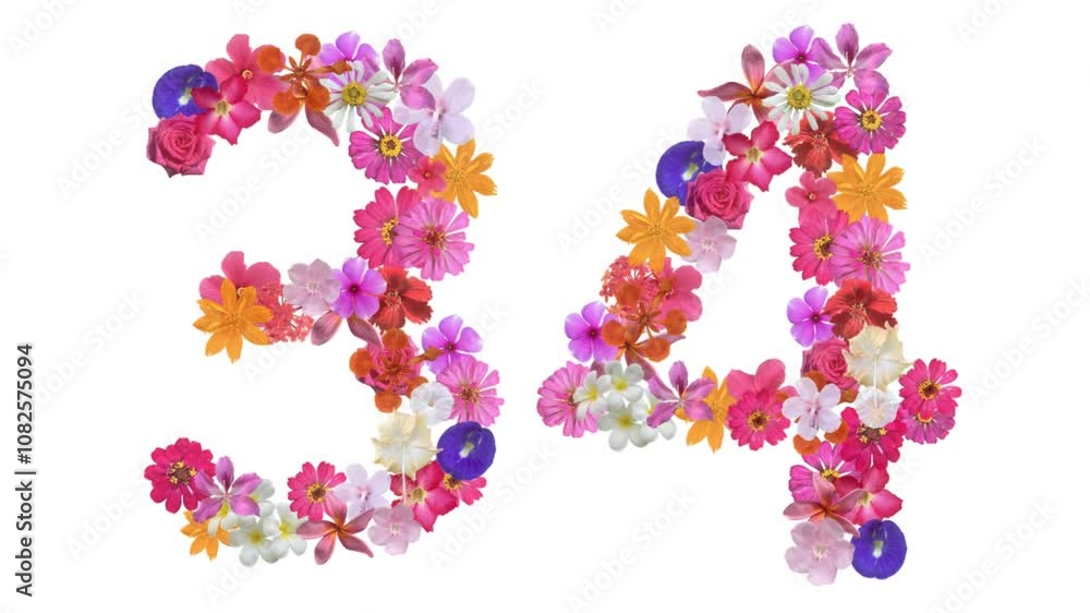 34, Video of numbers formed from growing flowers, suitable for birthday, anniversary and commemoration templates.