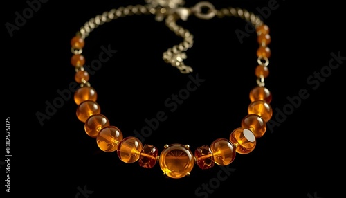 Stunning amber necklace with sparkling beads and decorative chain on black background, elegant design