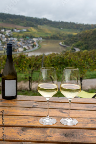 Glasses of white dry riesling wine made on Moselle river valley in Germany or Luxembourg, view on terraced vineyards