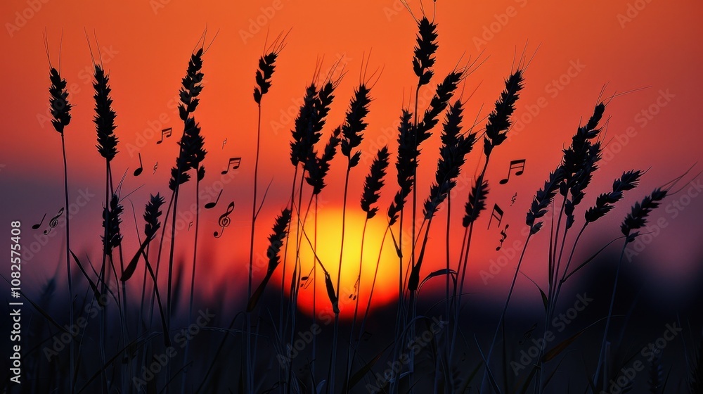 Abstract Illustration of Wheat and Musical Notes in Sunset Sky Abstract Illustration of Wheat and Musical Notes in Sunset Sky