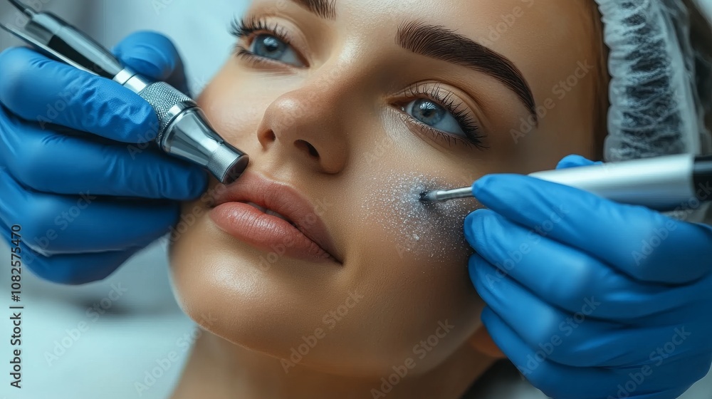 Beautician performs microdermabrasion on a client's face at a skincare clinic Beautician performs microdermabrasion on a client's face at a skincare clinic