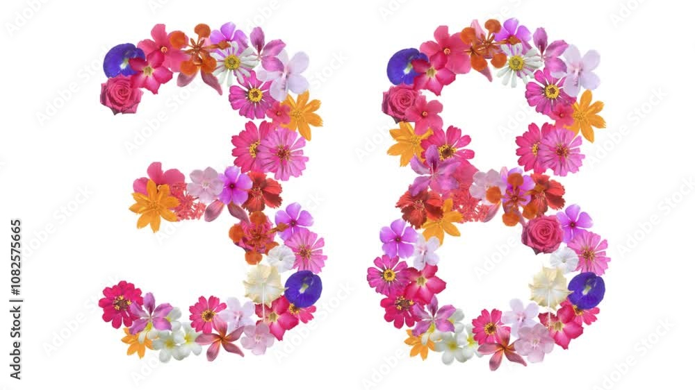 38, Video of numbers formed from growing flowers, suitable for birthday, anniversary and commemoration templates. 38, Video of numbers formed from growing flowers, suitable for birthday, anniversary and commemoration templates.