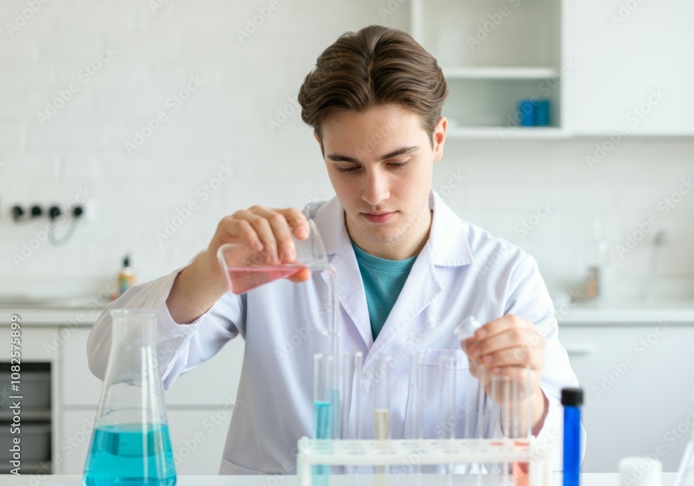 Young scientist conducting experiments with test tubes in laboratory Young scientist conducting experiments with test tubes in laboratory