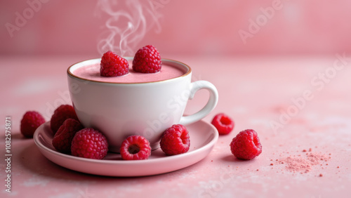 A cup of hot pink matcha with fresh raspberries on top sits on a matching saucer.