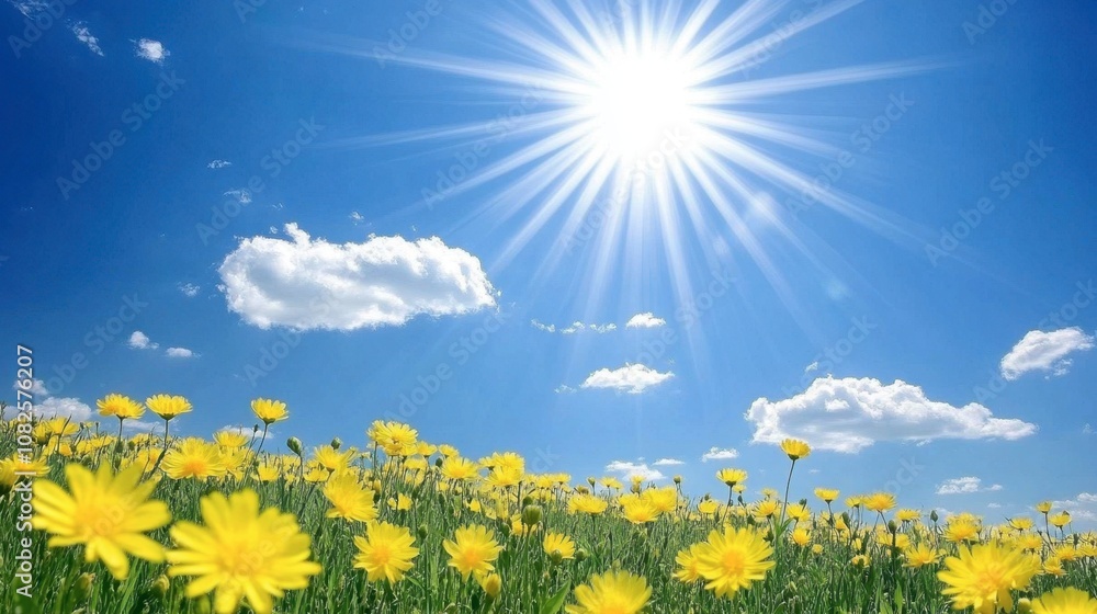 Bright Sun and Yellow Flowers in Clear Blue Sky Bright Sun and Yellow Flowers in Clear Blue Sky