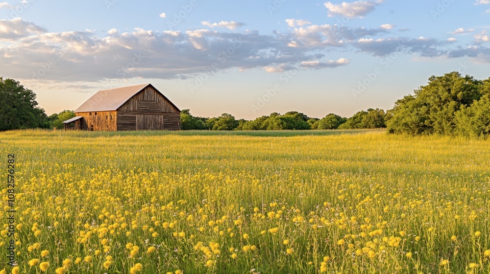 Serene Rural Landscape with Barn and Wildflowers Serene Rural Landscape with Barn and Wildflowers