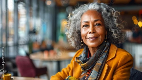 Portrait of successful multiracial woman with grey hair in cafe. Elderly confident woman looking away in velvet bright jacket and light scarf. photo