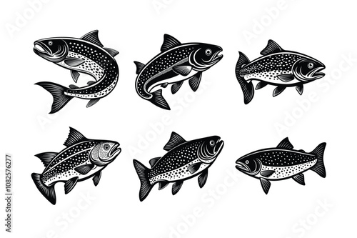 trout fish design, labeled linocut vector silhouette illustration.