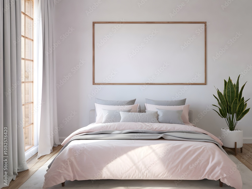 A minimalist bedroom with a large window on the right, allowing sunlight to pour in. Above the bed, a blank square frame hangs on the wall A minimalist bedroom with a large window on the right, allowing sunlight to pour in. Above the bed, a blank square frame hangs on the wall