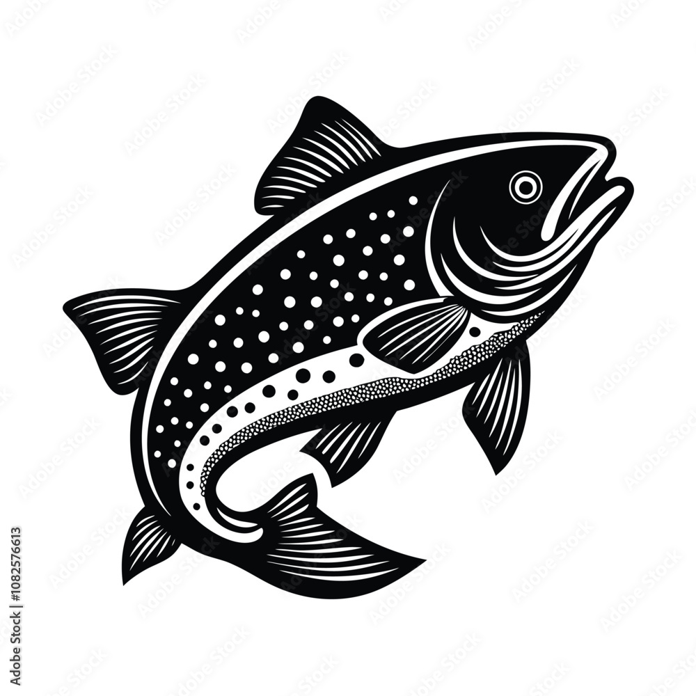 Fototapeta premium trout fish design, labeled linocut vector silhouette illustration.