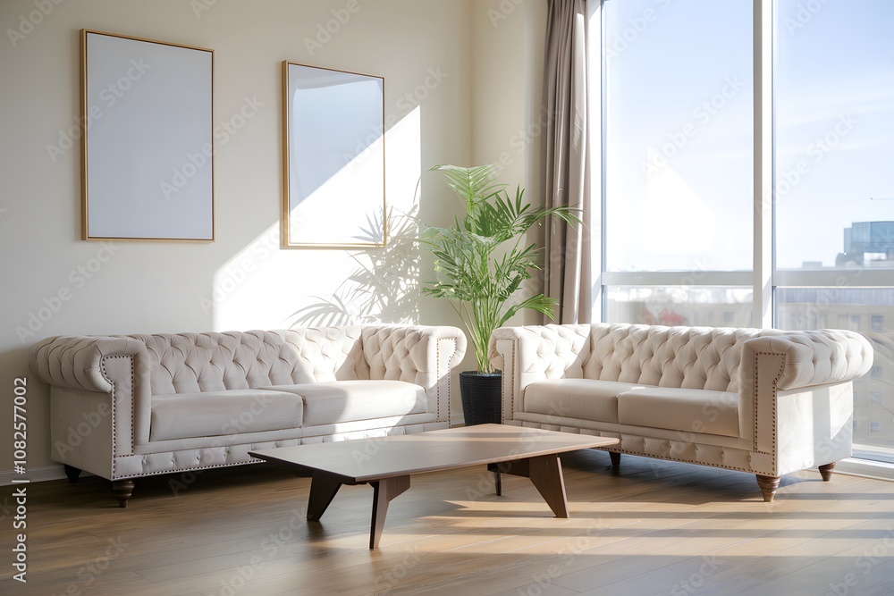 Fototapeta premium A modern living room with two plush, tufted beige sofas positioned facing each other. Above the table, two blank vertical frames hang on the wall