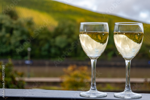 Glasses of white dry riesling wine made on Moselle river valley in Germany or Luxembourg, view on terraced vineyards