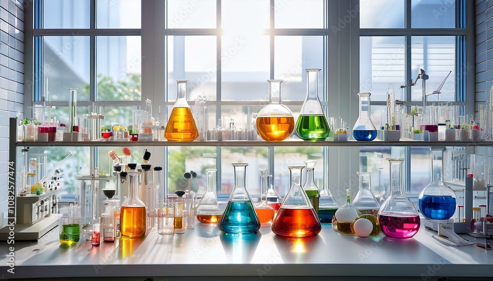 Test tubes and beakers line the lab benches. Test tubes and beakers line the lab benches.