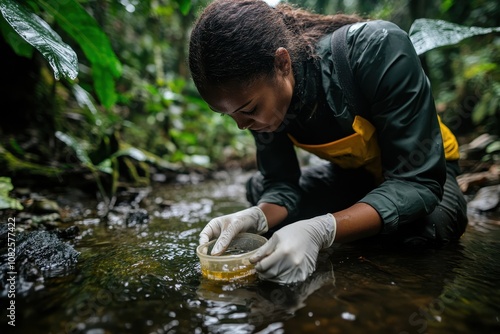 Fototapeta Naklejka Na Ścianę i Meble -  A woman in a jungle collects water samples. This image showcases scientific fieldwork and research in natural environments.