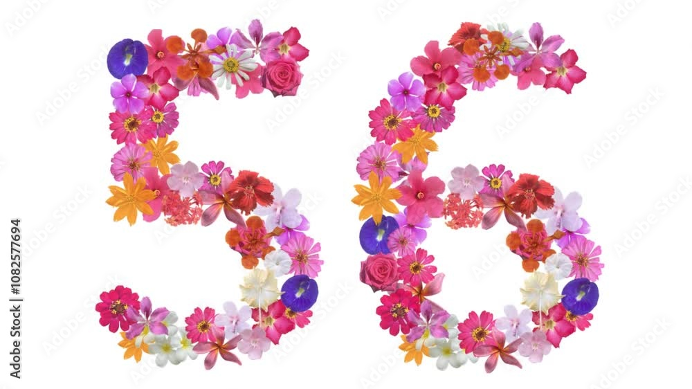 56, Video of numbers formed from growing flowers, suitable for birthday, anniversary and commemoration templates. 56, Video of numbers formed from growing flowers, suitable for birthday, anniversary and commemoration templates.