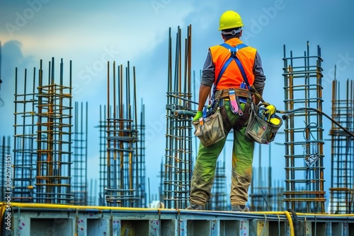 Construction worker on steel frame structure performing rebar work photo