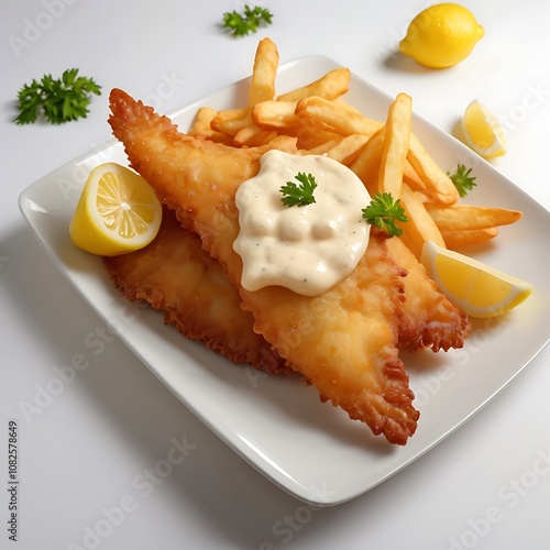 Crispy Fish and chips with a creamy tangy sauce with Lemon served