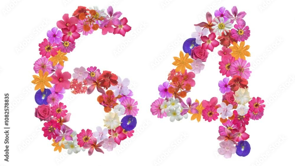 64, Video of numbers formed from growing flowers, suitable for birthday, anniversary and commemoration templates. 64, Video of numbers formed from growing flowers, suitable for birthday, anniversary and commemoration templates.