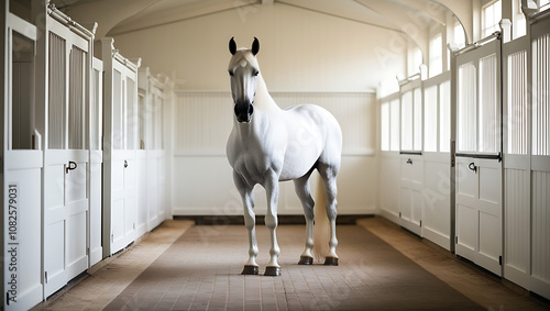 Solitary White Horse in a Minimalist Stable photo