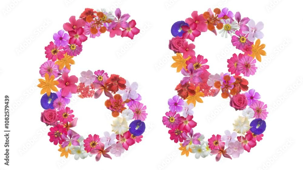 68, Video of numbers formed from growing flowers, suitable for birthday, anniversary and commemoration templates. 68, Video of numbers formed from growing flowers, suitable for birthday, anniversary and commemoration templates.